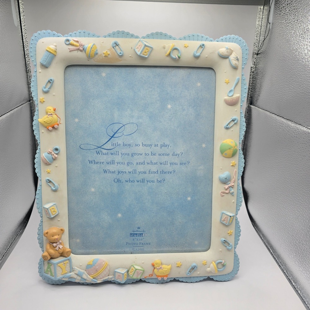 Hallmark Studio B Baby Boy 8x10 Photo Frame Nursery Teddy Duck Blocks Blue Y2K